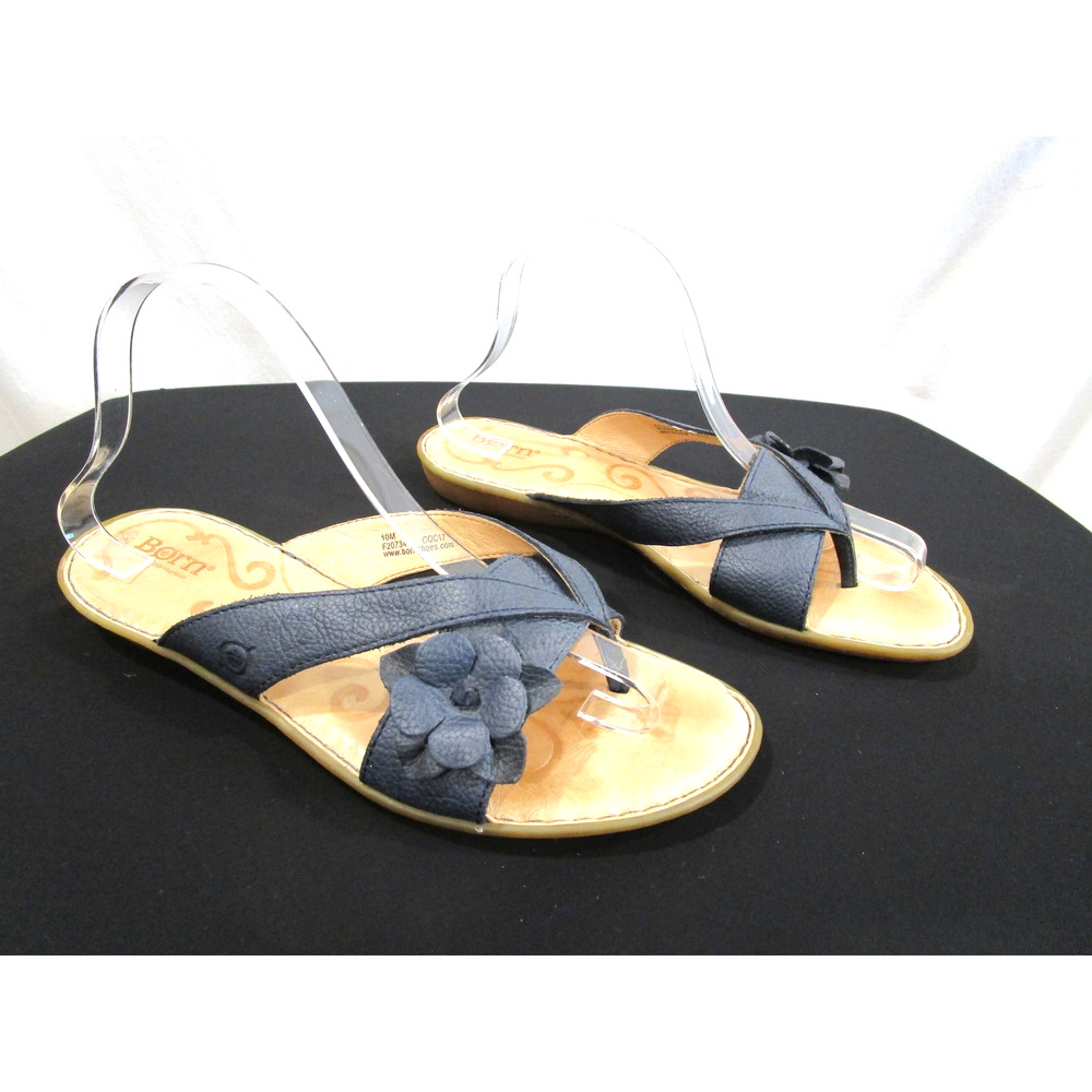 Born Navy Blue Leather Flower Thong Slide Flat Sandals Women Sz 10 M